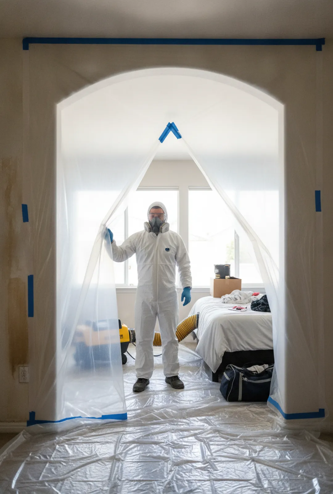 IICRC-trained technician in PPE remediating mold in a Canyon Country home
