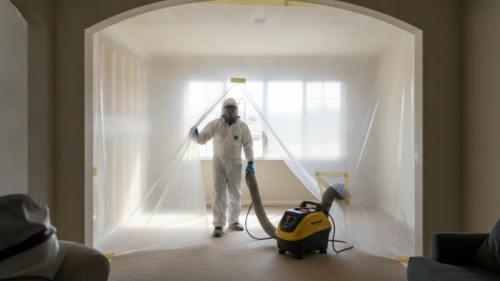 IICRC-trained technician in PPE remediating mold in a Canyon Country home
